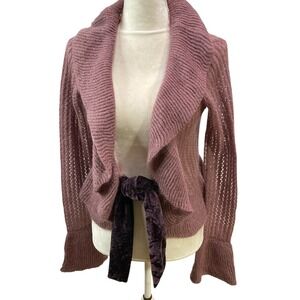 Patch Mohair Blend Knit Cardigan Velvet Tie‎ Bell Sleeve Cropped Mauve Medium